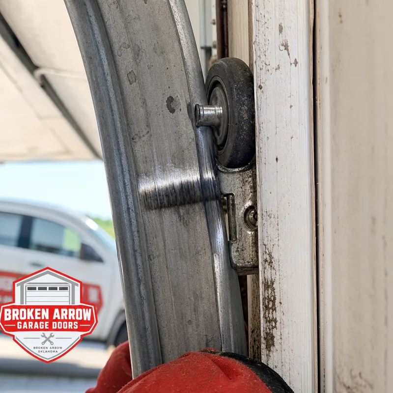 Bent vertical garage door track with a roller rubbing against it