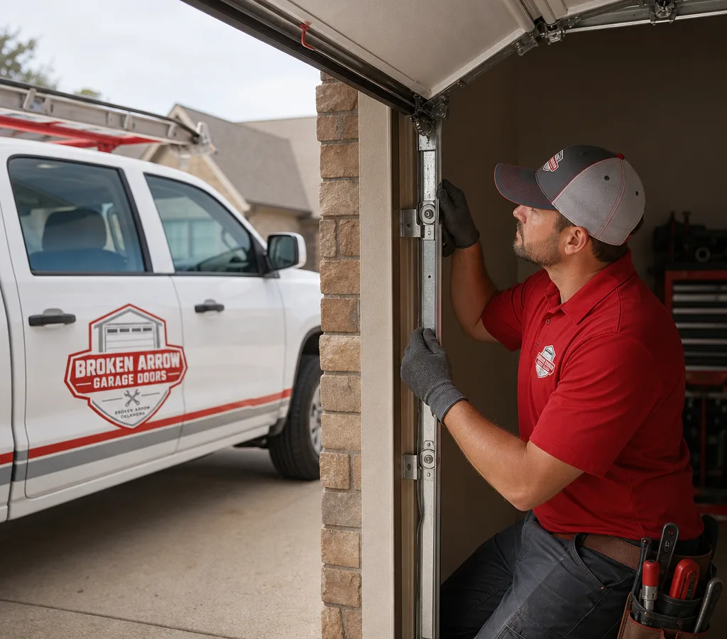 Residential overhead garage door partially open while a contractor inspects the rollers and track