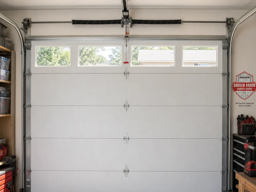 Residential sectional garage door with an aligned track and torsion spring system viewed from inside