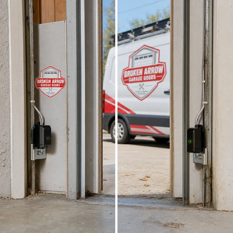Aligned garage door photo-eye safety sensors with secured wiring