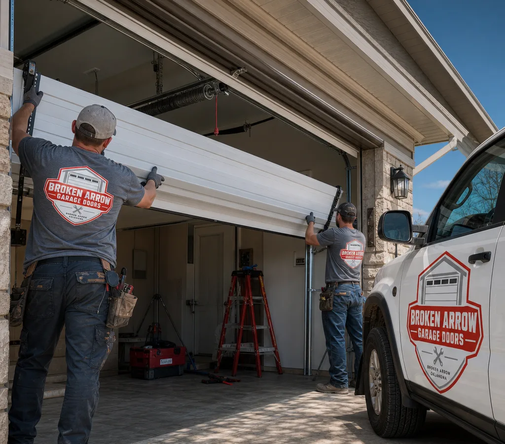 Residential overhead garage door being positioned in the opening with the track and torsion spring system visible