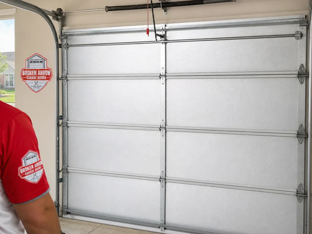 Insulated garage door interior with a steel back and reinforcement strut