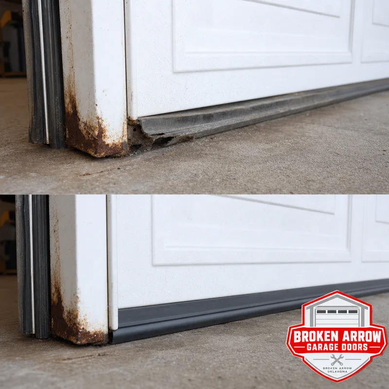 Garage door bottom section with a worn seal and corrosion at the edge