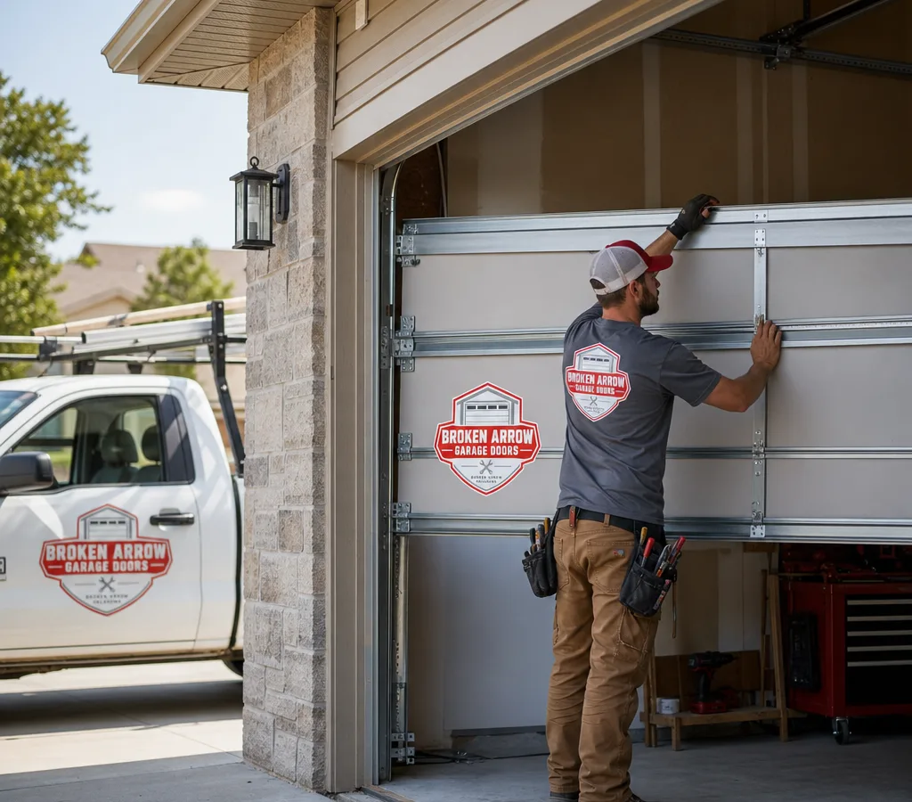 Residential garage door being set into place with the door sections and tracks being aligned