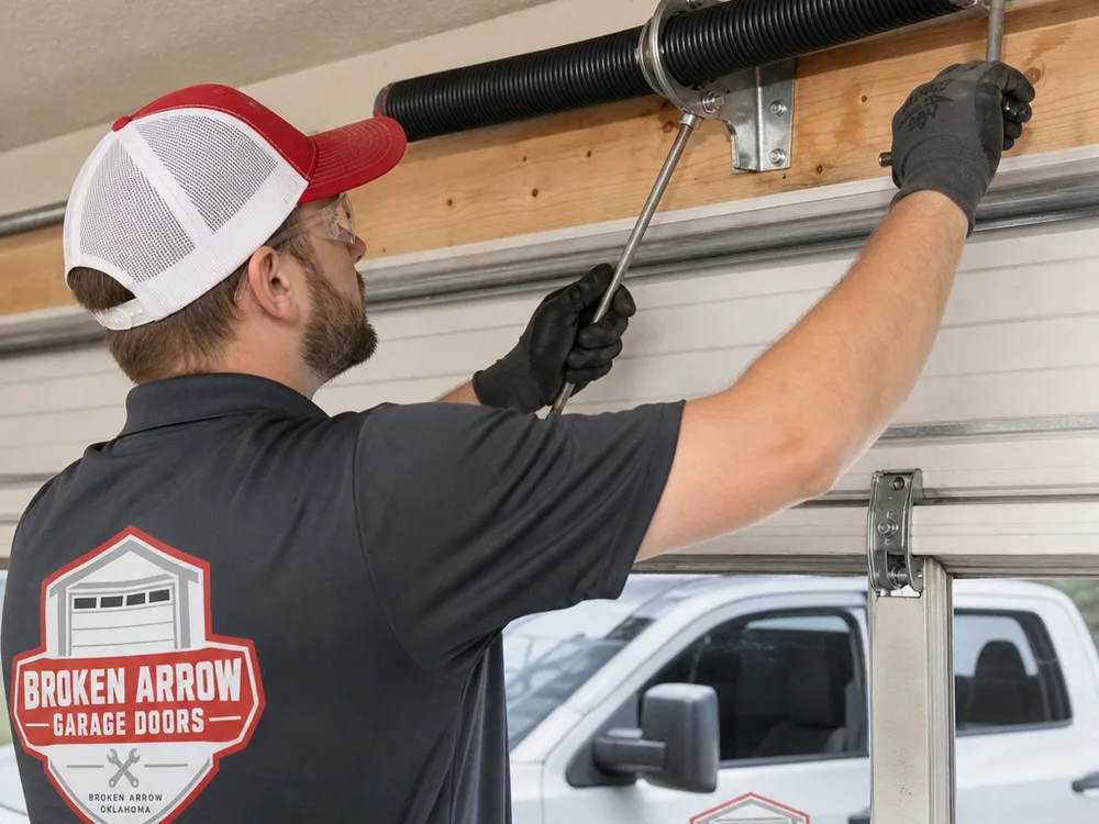 Contractor winding torsion springs above a garage door using winding bars and proper stance