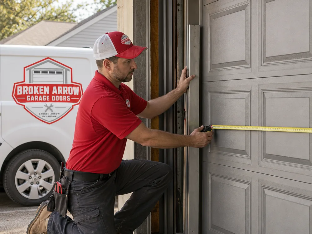 Contractor checking a sectional garage door for damage and square alignment with a straightedge and measuring tape