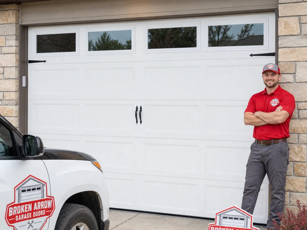 Finished residential sectional garage door with straight tracks and clean perimeter weatherstripping