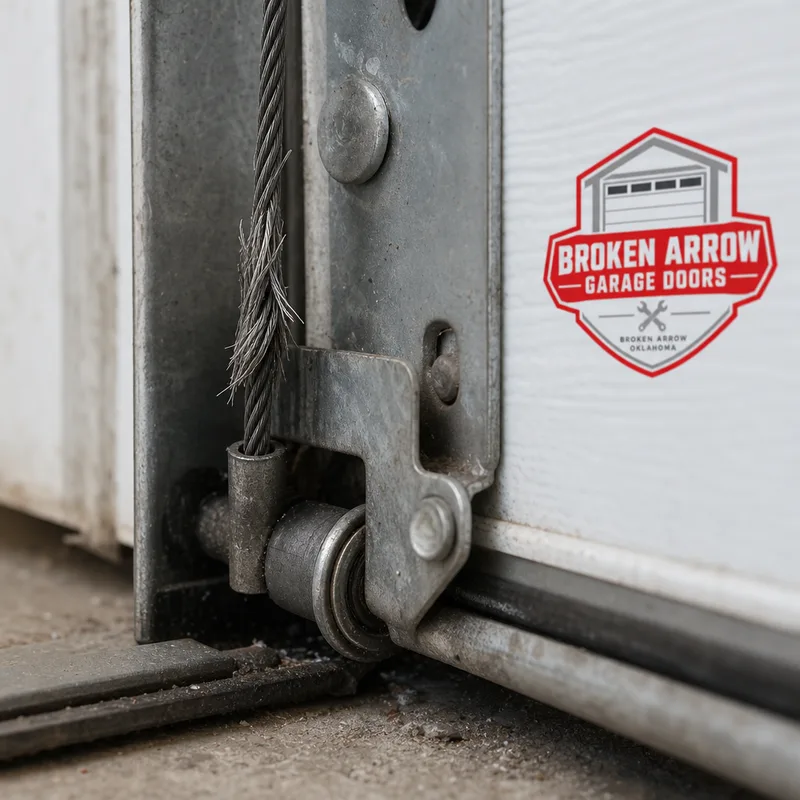 Frayed lift cable near the bottom bracket and roller area on a sectional garage door
