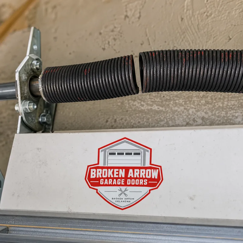 Broken torsion spring with a visible gap in the coil above the garage door