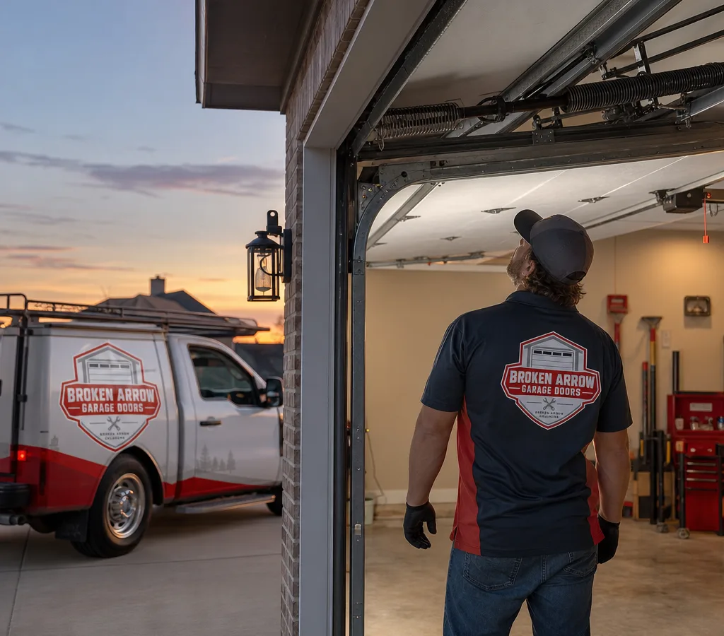 Residential garage door stuck open at dusk with the opener rail and torsion spring area visible