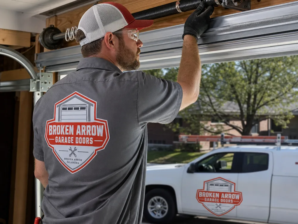 Garage door contractor inspecting the torsion spring, center bearing plate, and cable drums above an open garage door