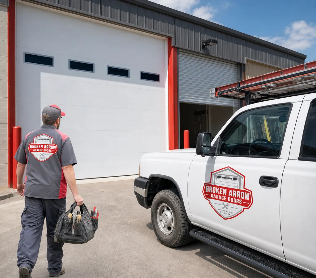 Commercial facility with an overhead sectional door and rolling steel door at loading bays
