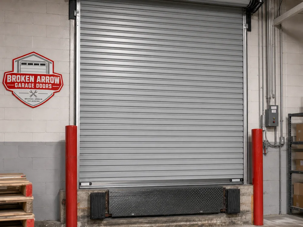 Warehouse loading area with a rolling steel door installed above a dock opening
