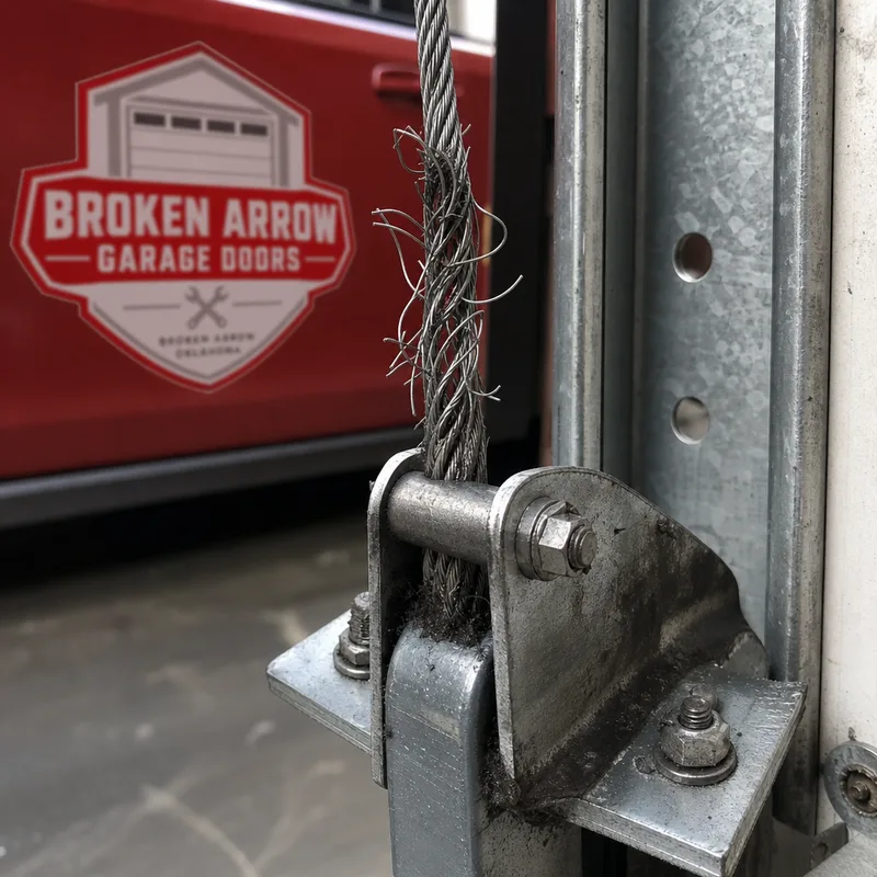 Close-up of frayed garage door lift cable strands near the bottom bracket connection