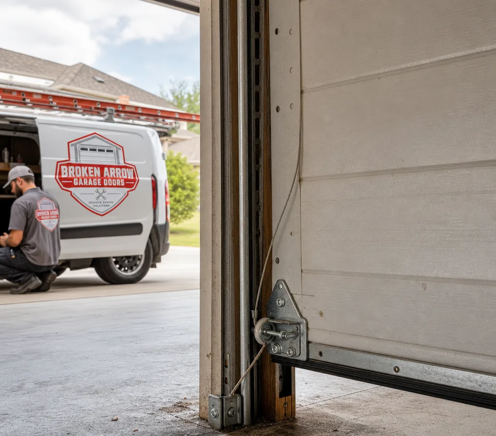 Residential garage door with a slack lifting cable near the bottom bracket and the door sitting unevenly