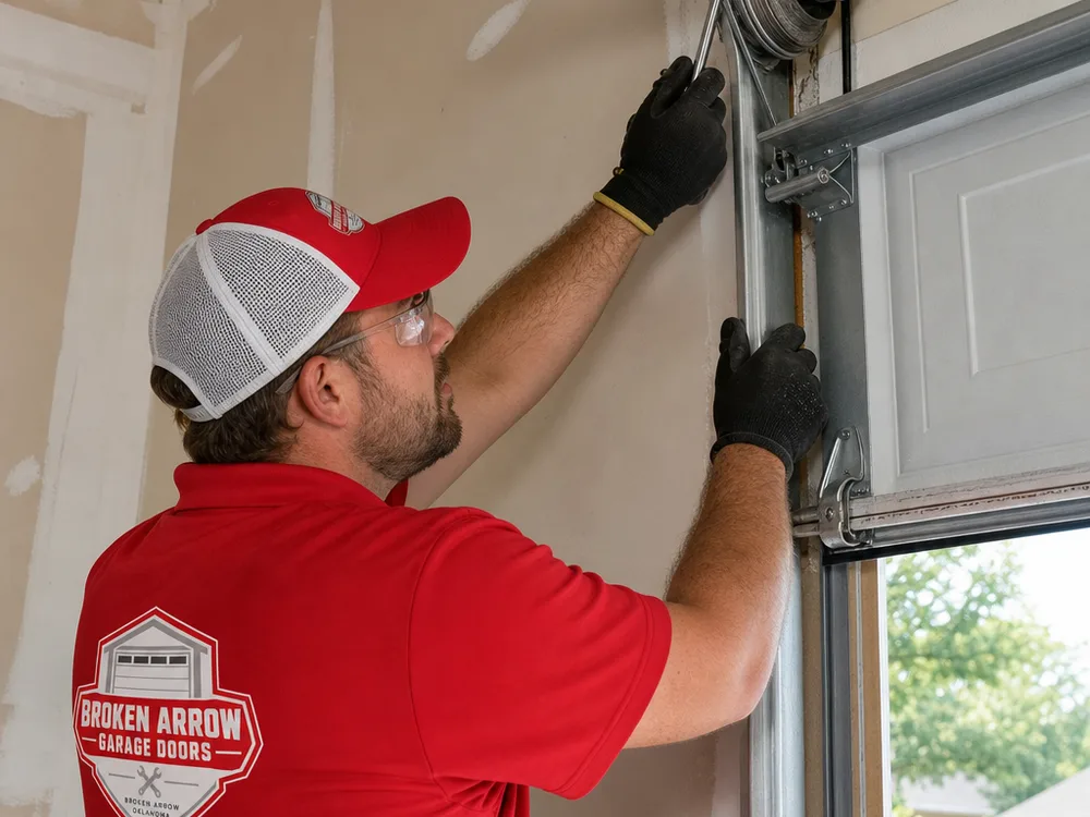 Contractor inspecting a garage door cable drum and lift cable at the top corner of a partially open sectional door