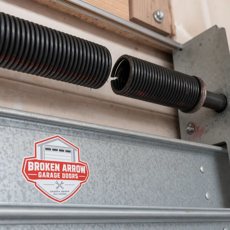 Close-up of a torsion spring with a visible break and separation in the coil