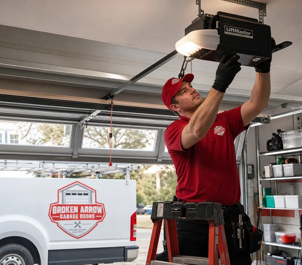 Contractor mounting a smart garage door opener to the ceiling rail in a residential garage