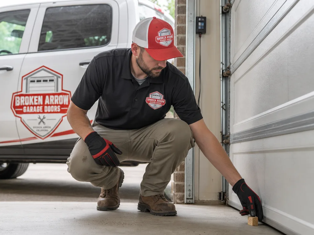 Contractor performing a controlled garage door auto-reverse safety test