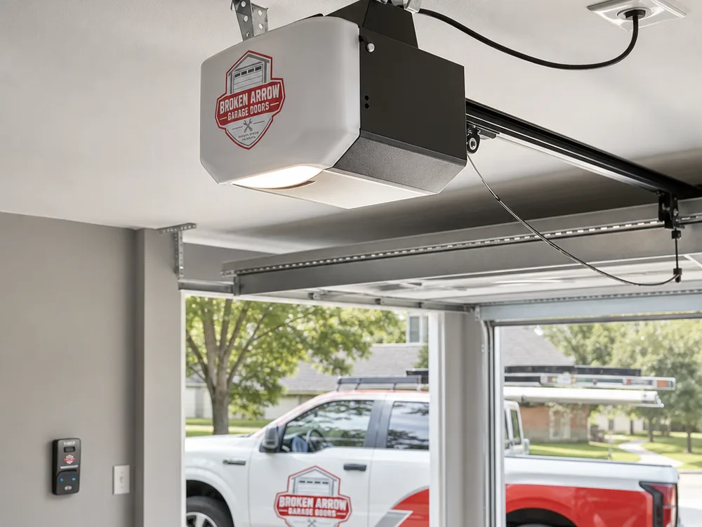 Finished smart garage door opener with a mounted rail and neatly routed wall-control wiring