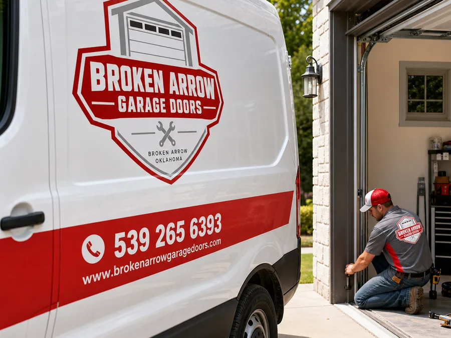 Contractor adjusting garage door photo-eye safety sensors near the bottom of an open door track
